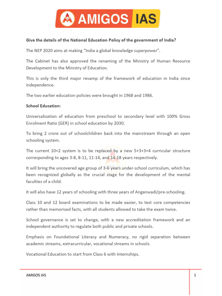 Overview of India's National Education Policy | PDF | Government ...