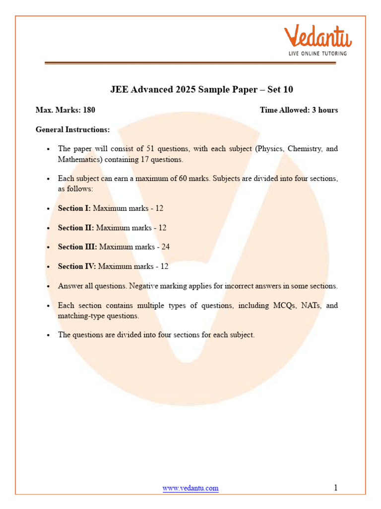 JEE Advanced Sample Paper Set 10 With Solutions - Free PDF Download ...