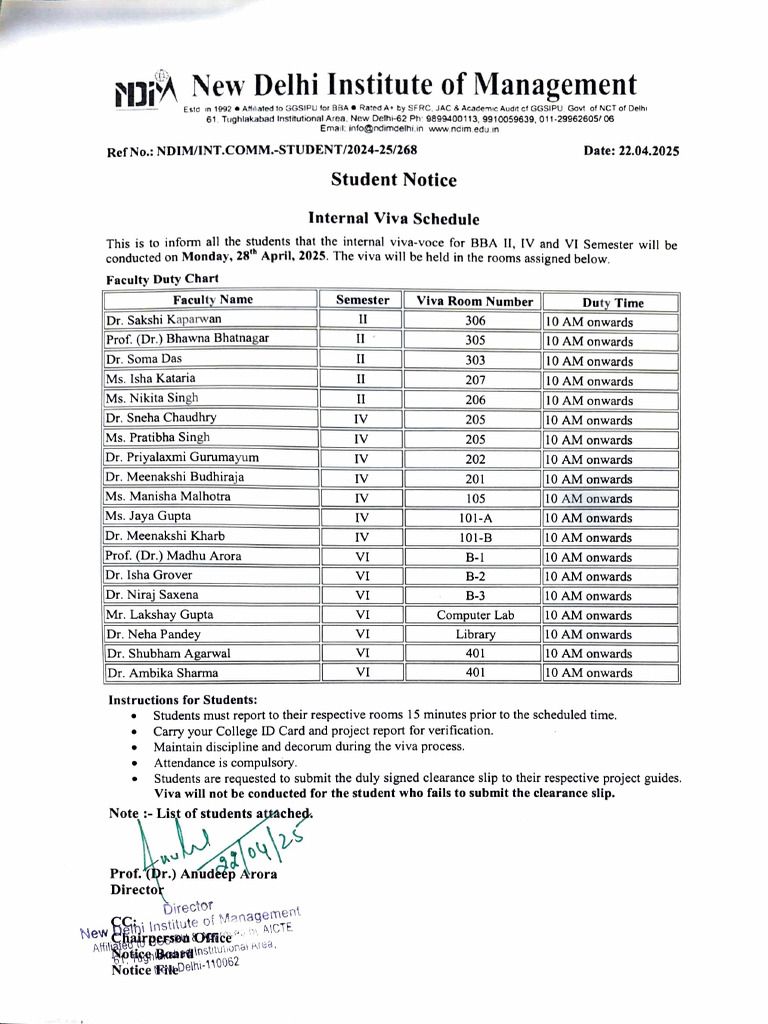 Internal Viva Schedule for BBA Students | PDF