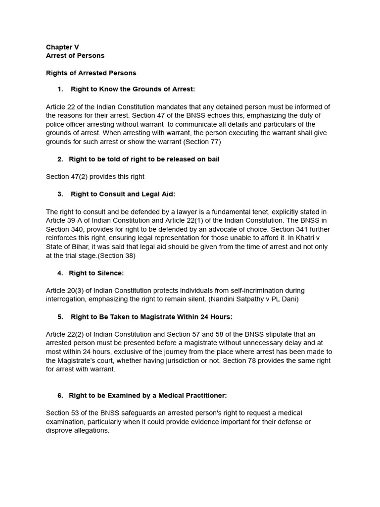 Rights of Arrested Persons Under BNSS | PDF | Arrest | Right To Silence