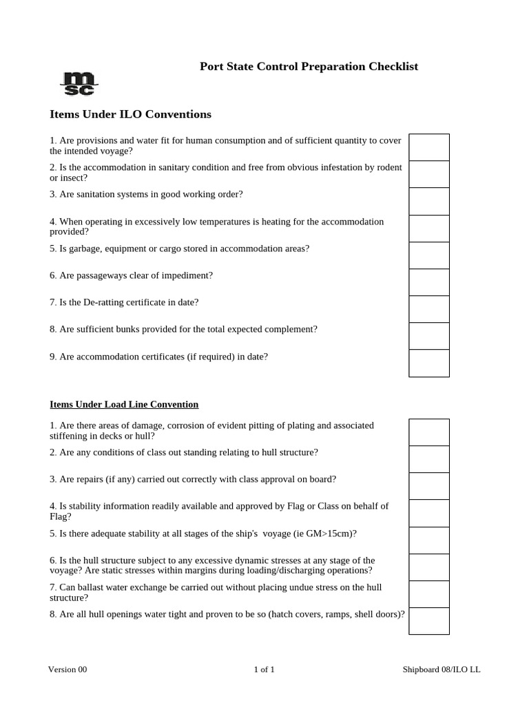 Port State Control Checklist for Ships | PDF