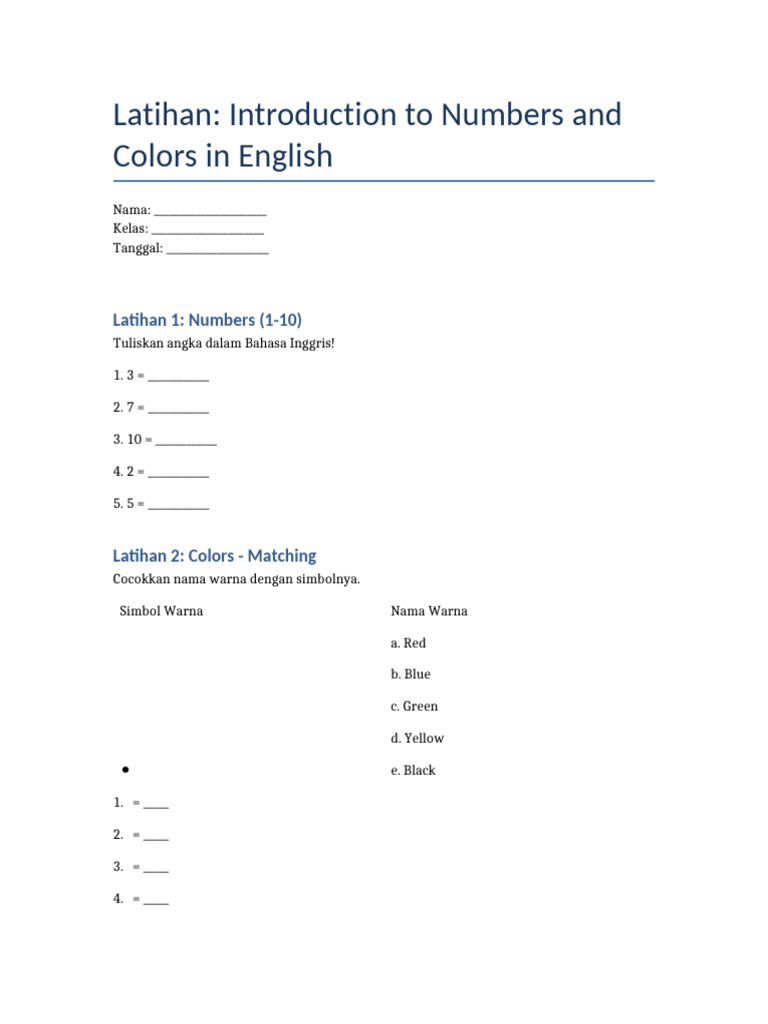 Latihan Introduction Numbers Colors | PDF