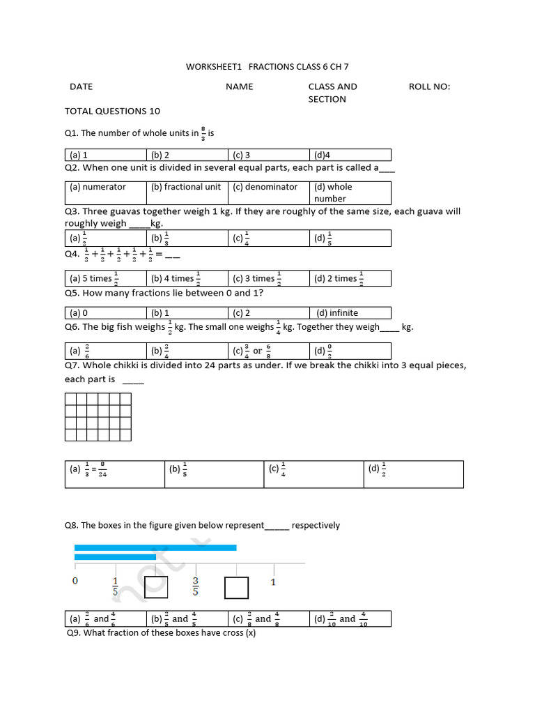 Worksheet1 Fractions Class 6 CH 7 | PDF | Algebra | Mathematical Concepts