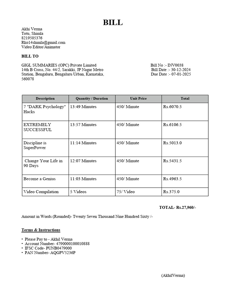 Akhil Video Editor 12-2024 GIGL-Bill | PDF