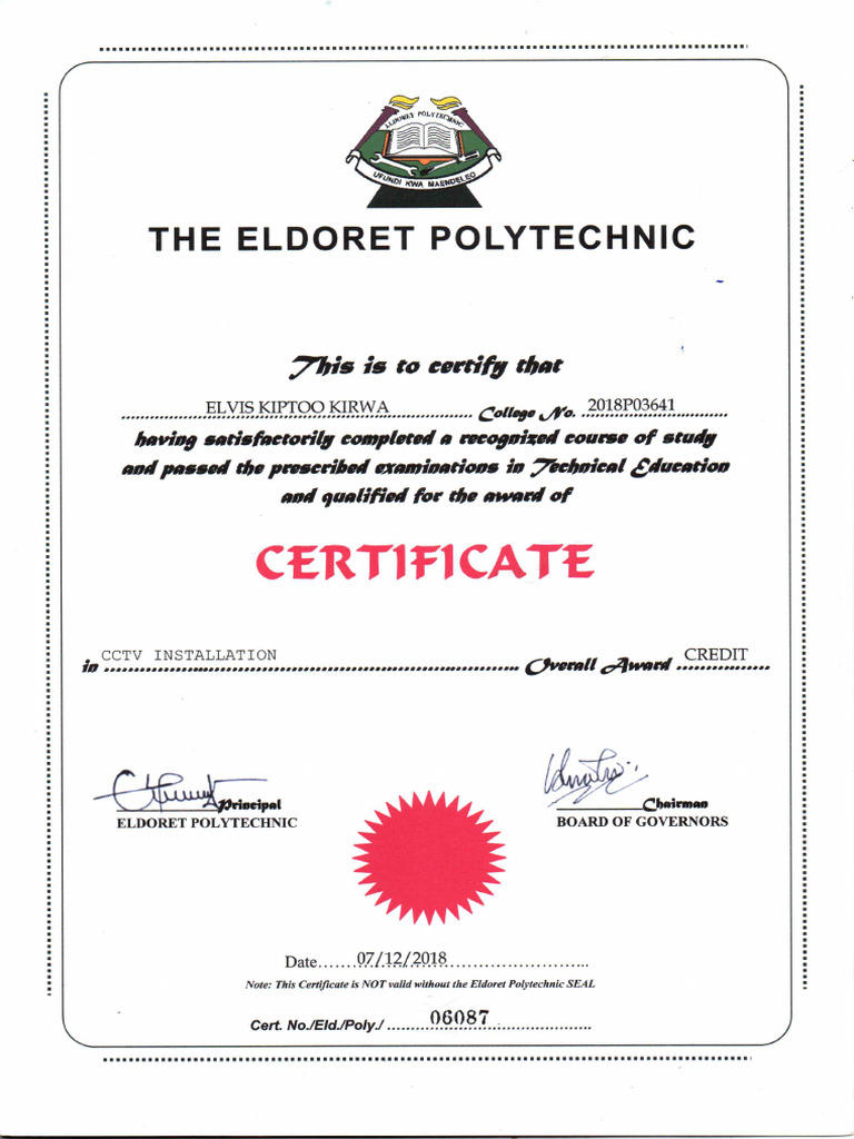 Eldoret Polythecnic Certificate | PDF