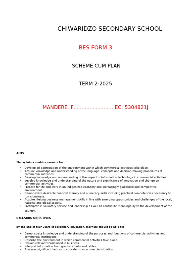 BES Form 3 Business Education Plan | PDF | Teachers | Educational ...