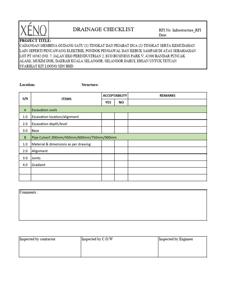 KIT LOONG Inspection Form - Drainage | PDF