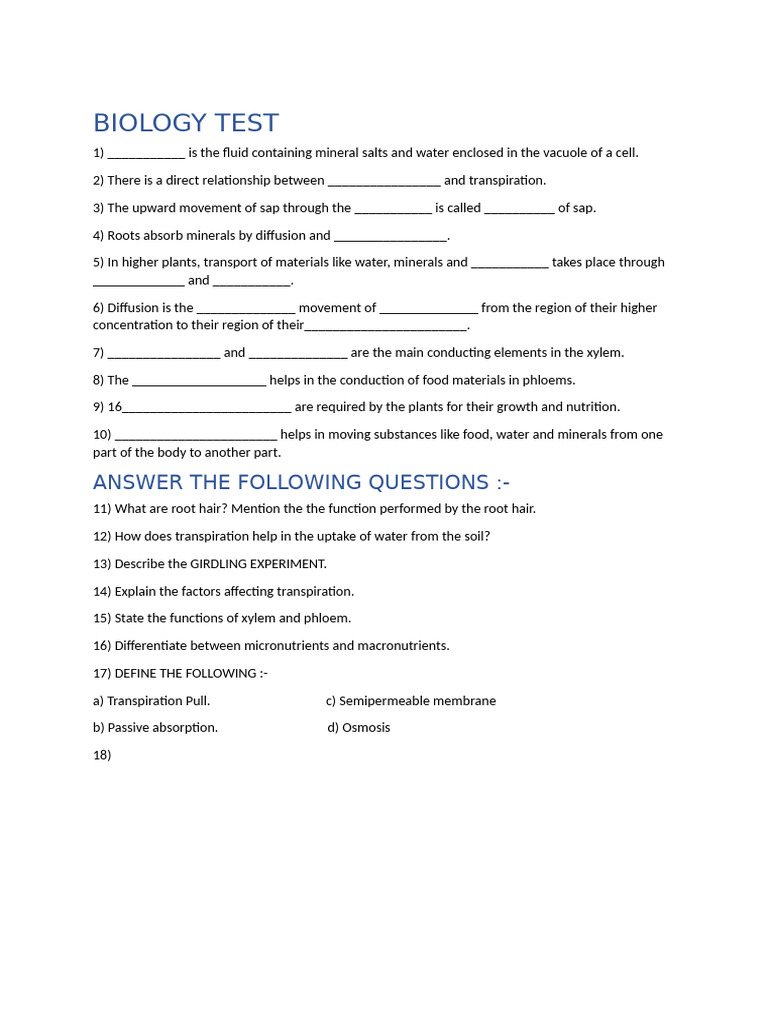 Biology Test: Plant Transport & Nutrients | PDF