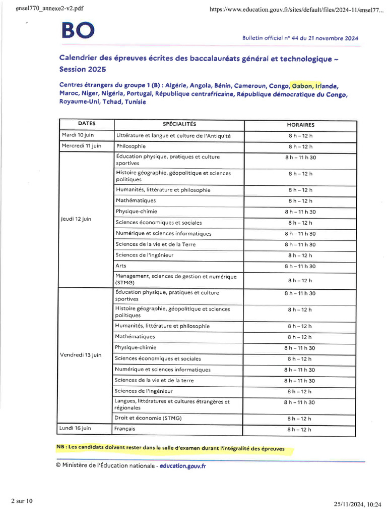 B.O Calendrier Bac 2025 | PDF
