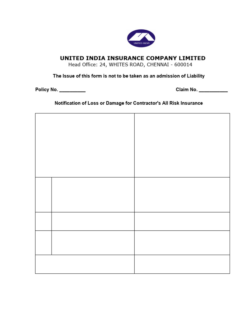 Contractor's All Risk Insurance Claim Form | PDF