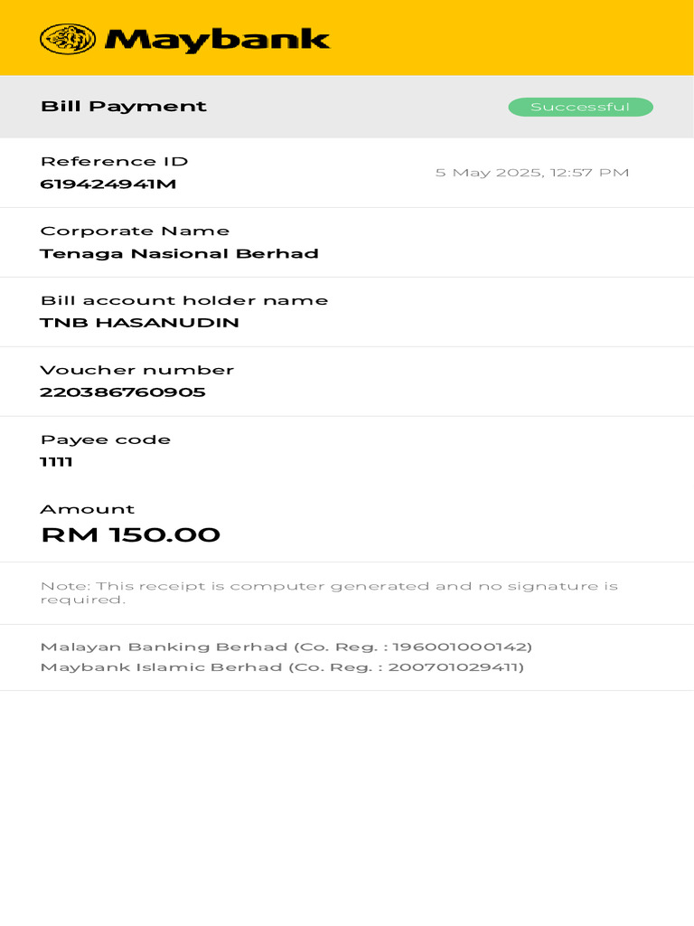 TNB Bill Payment Receipt - RM 150.00 | PDF
