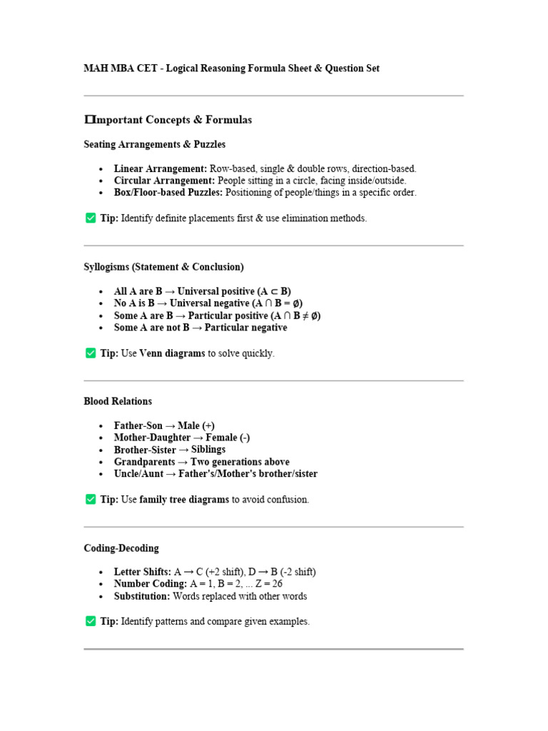 MAH MBA CET Logical Reasoning Guide | PDF | Mathematics | Logic