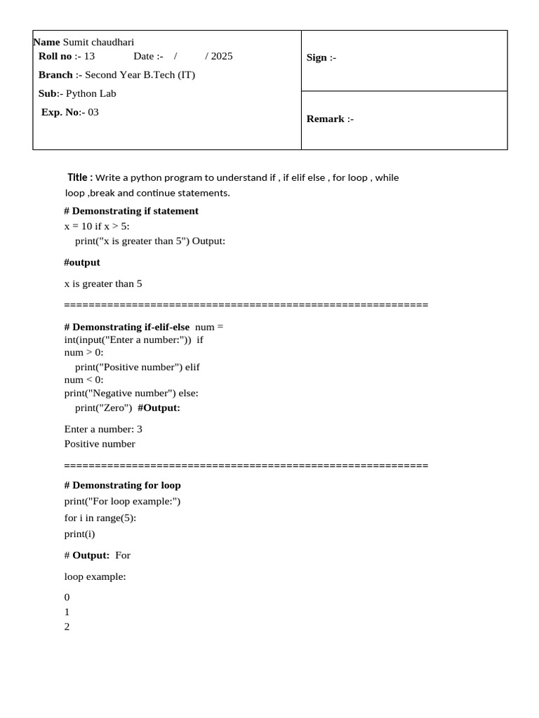 Title:: Write A Python Program To Understand If, If Elif Else, For Loop ...