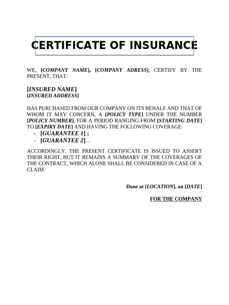 Certificate of Insurance Overview | PDF