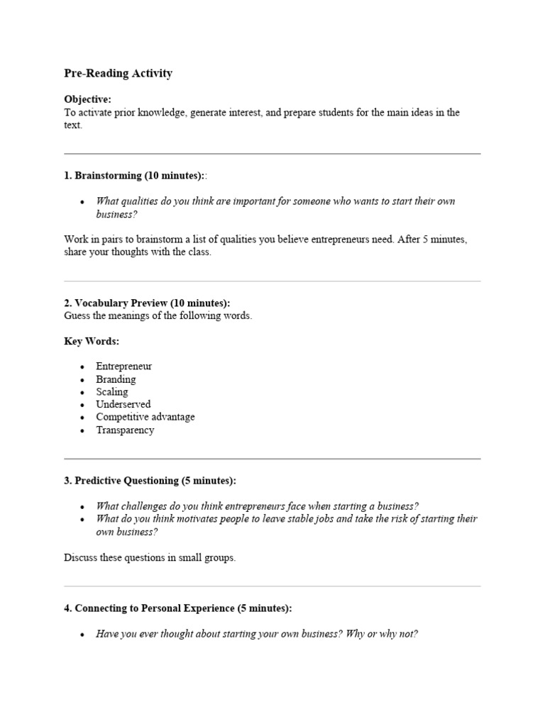 Pre-Reading Guide for Aspiring Entrepreneurs | PDF | Entrepreneurship ...