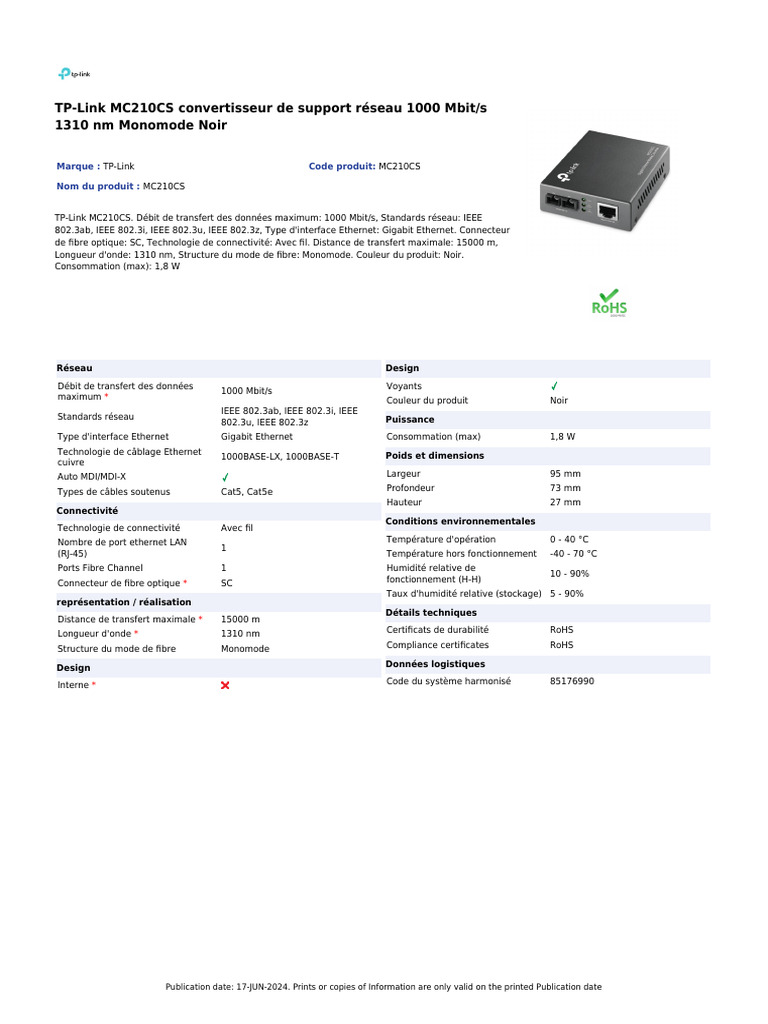 Convertisseur TP Link SM Giga Rj45 Mc210cs | PDF | Computer Standards ...