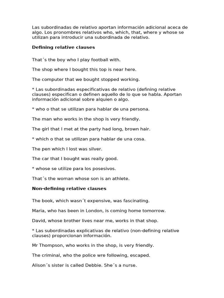 relative clauses, defining non defining | PDF | Neurology