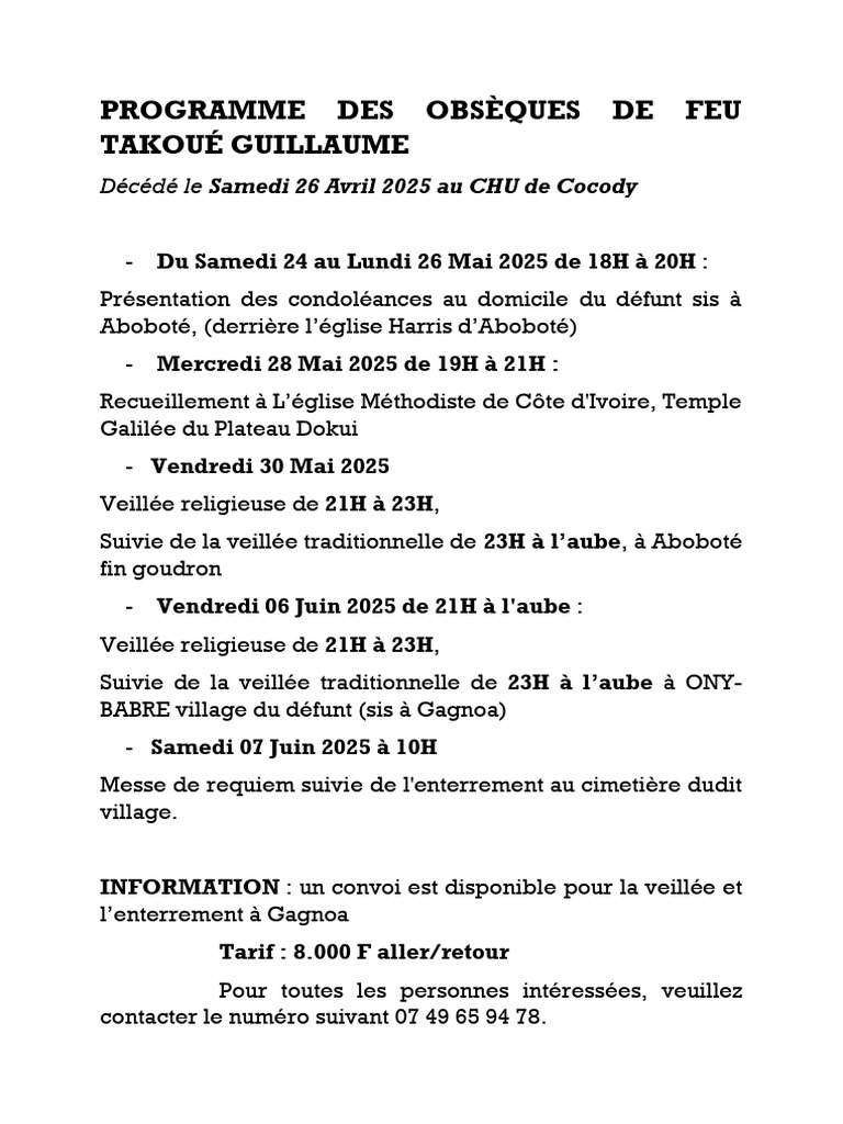 Programme des obsèques de Takoué Guillaume | PDF