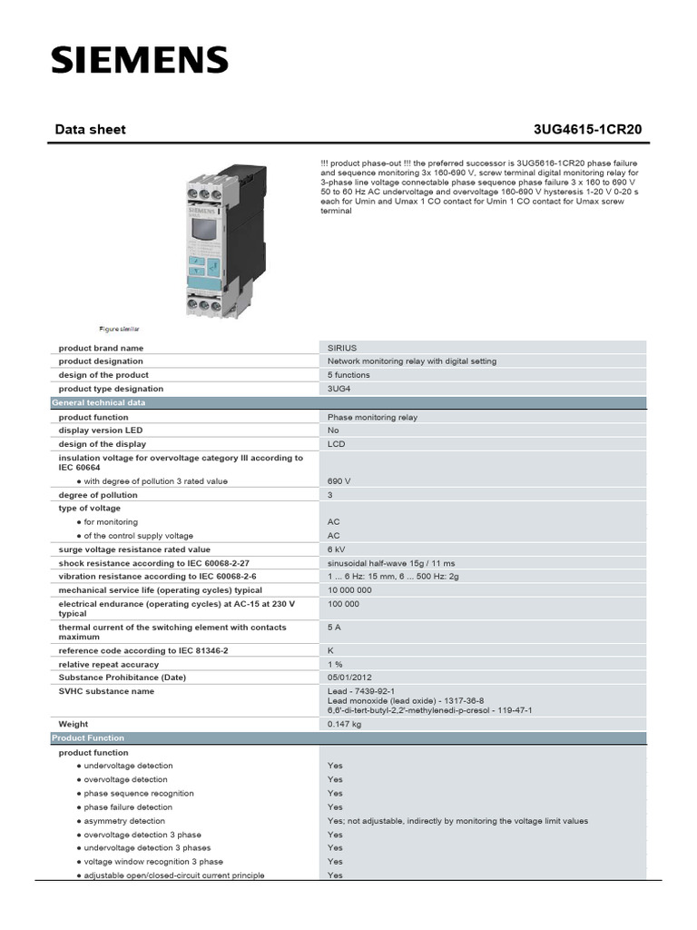 Siemens 3UG4615-1CR20 Relay Data Sheet | PDF | Relay | Alternating Current