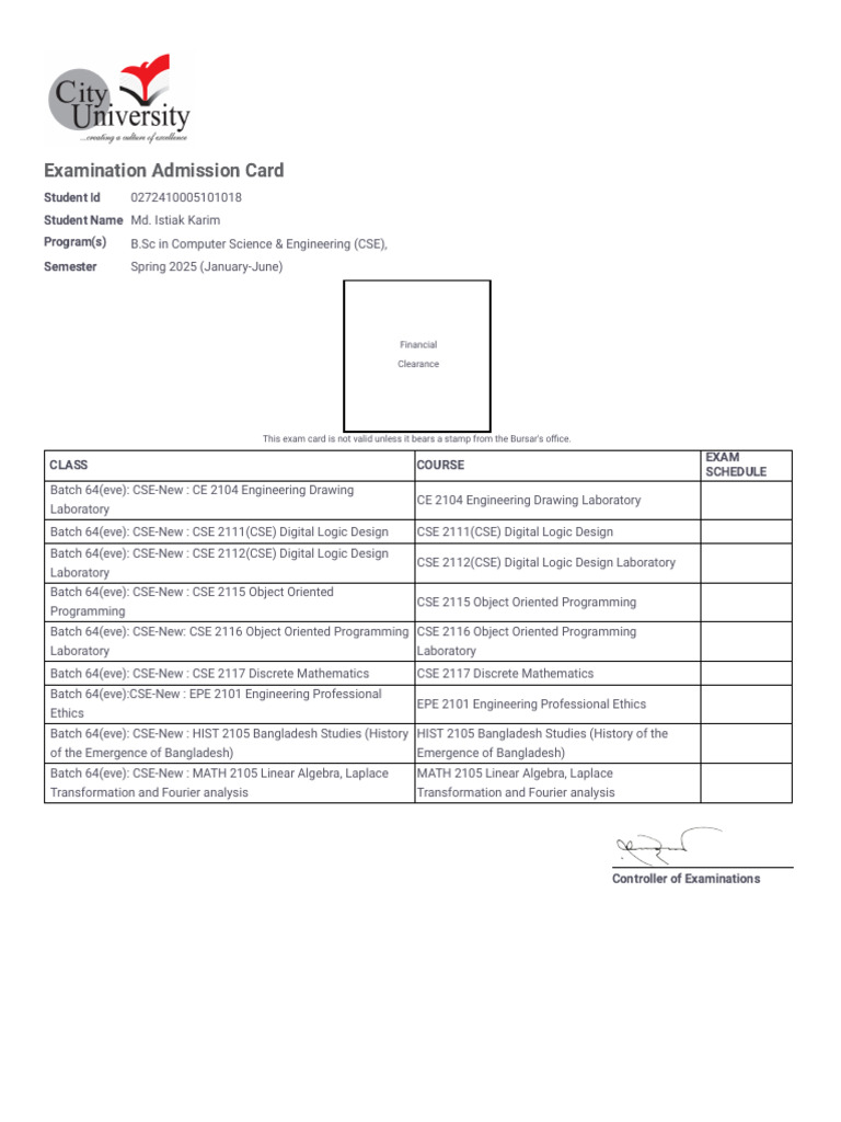 Spring 2025 Exam Admission Card | PDF | Mathematics | Laplace Transform