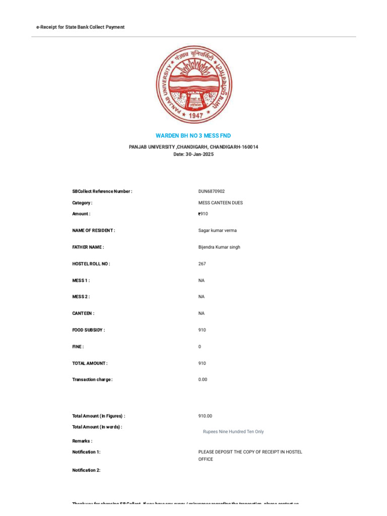e-Receipt for MESS Dues Payment | PDF