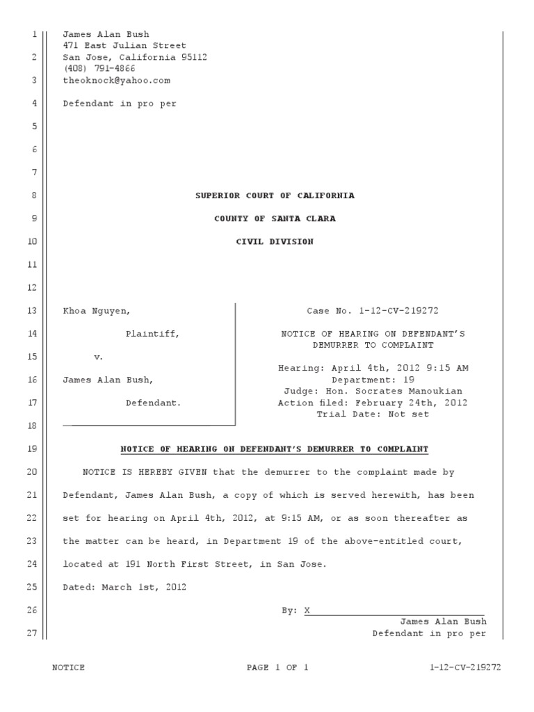 Demurrer Hearing Notice in CA Case | PDF | Eviction | Demurrer