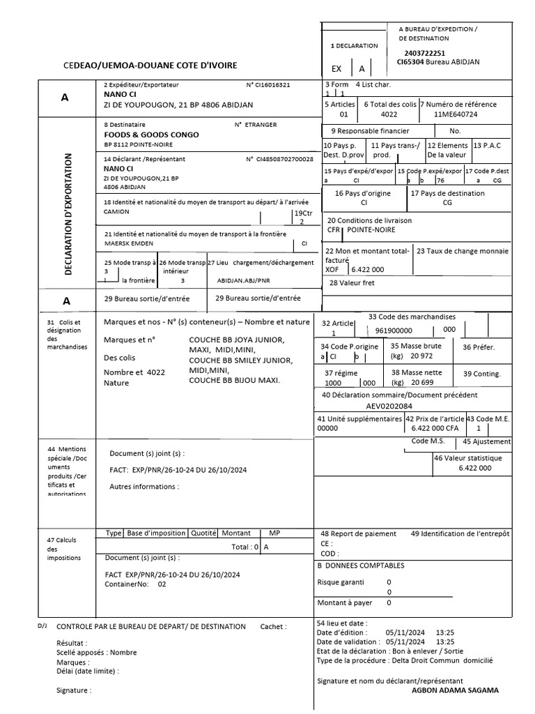 Déclaration d'Exportation Ex1 Côte d'Ivoire | PDF