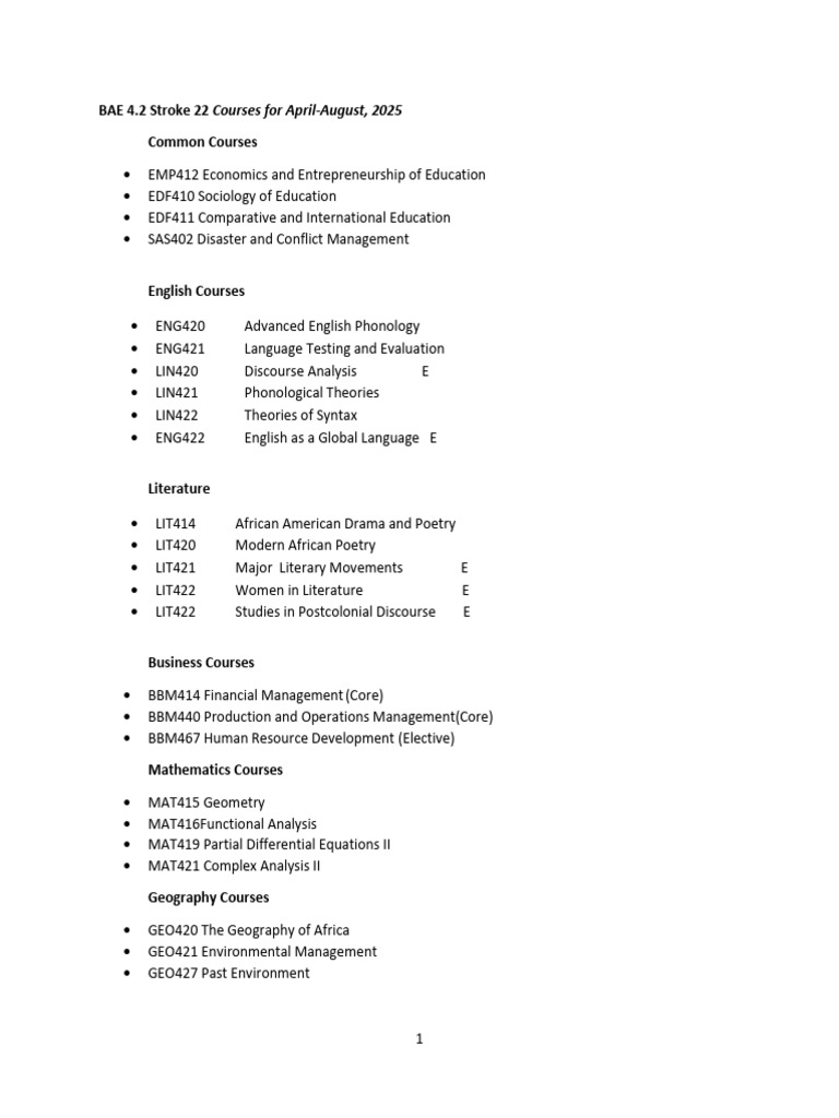 BAE 4.2 Course Offerings April-August 2025 | PDF