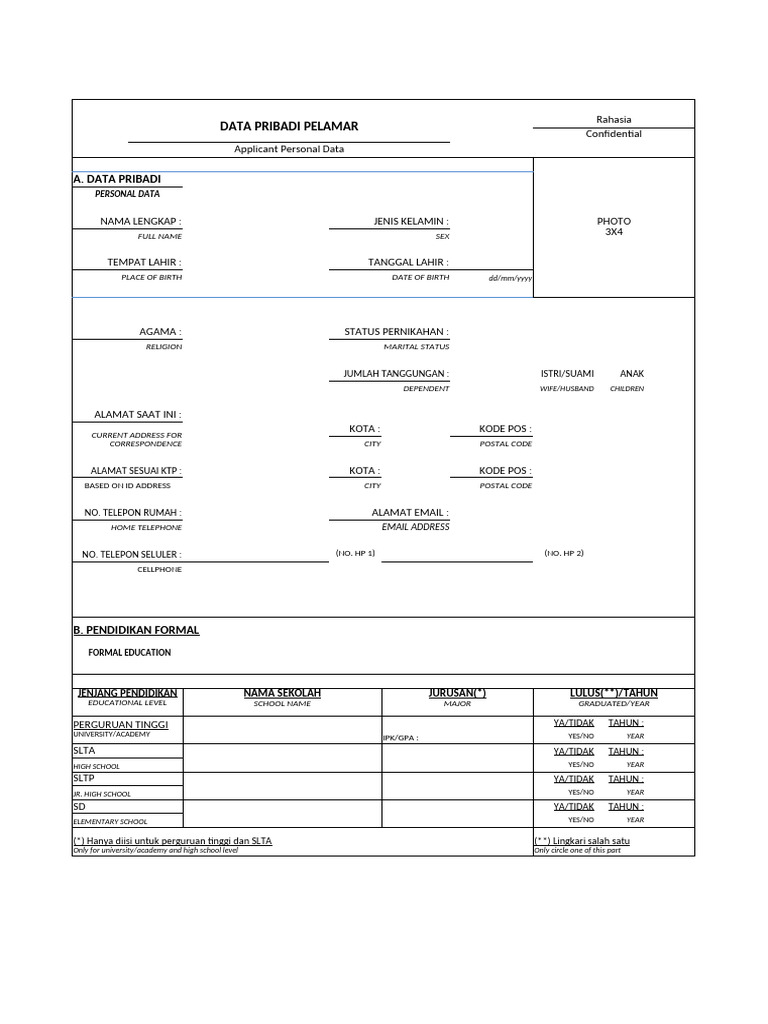 Formulir Data Pribadi Pelamar | PDF