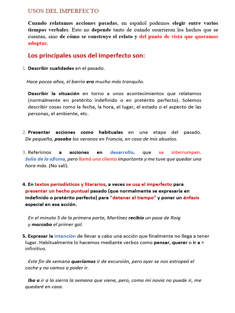 Usos del Imperfecto en Español | PDF