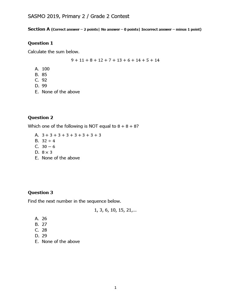 SASMO 2019 Grade 2 Contest Questions | PDF