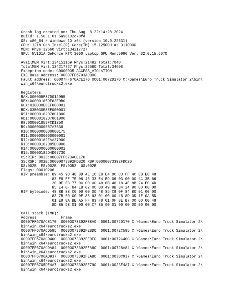 Euro Truck Simulator 2 Crash Log | PDF | Computing Platforms | Computer ...