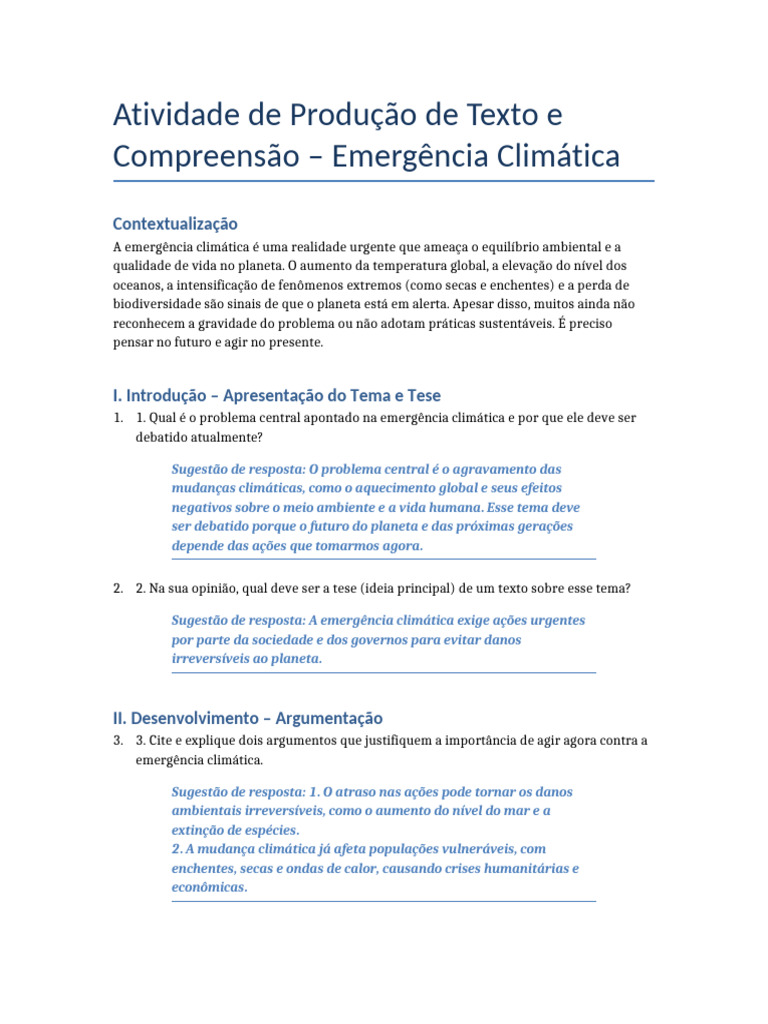 Atividade Emergencia Climatica Redacao | PDF | Aquecimento global e ...
