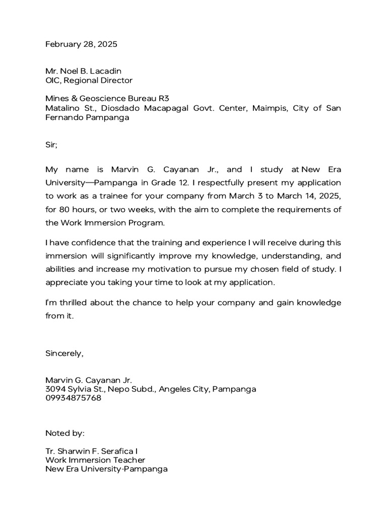 Application for Work Immersion Program | PDF