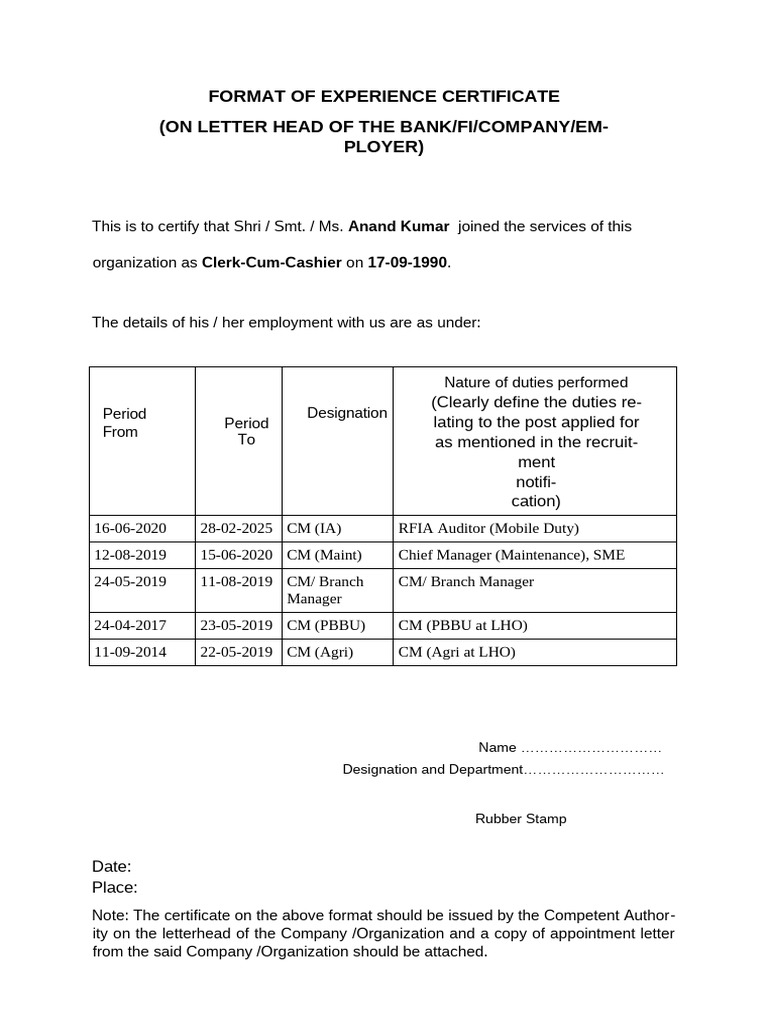Experience Certificate Format for Clerks | PDF