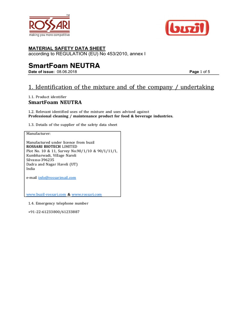 SmartFoam Neutra MSDS Overview | PDF | Toxicity | Occupational Safety ...