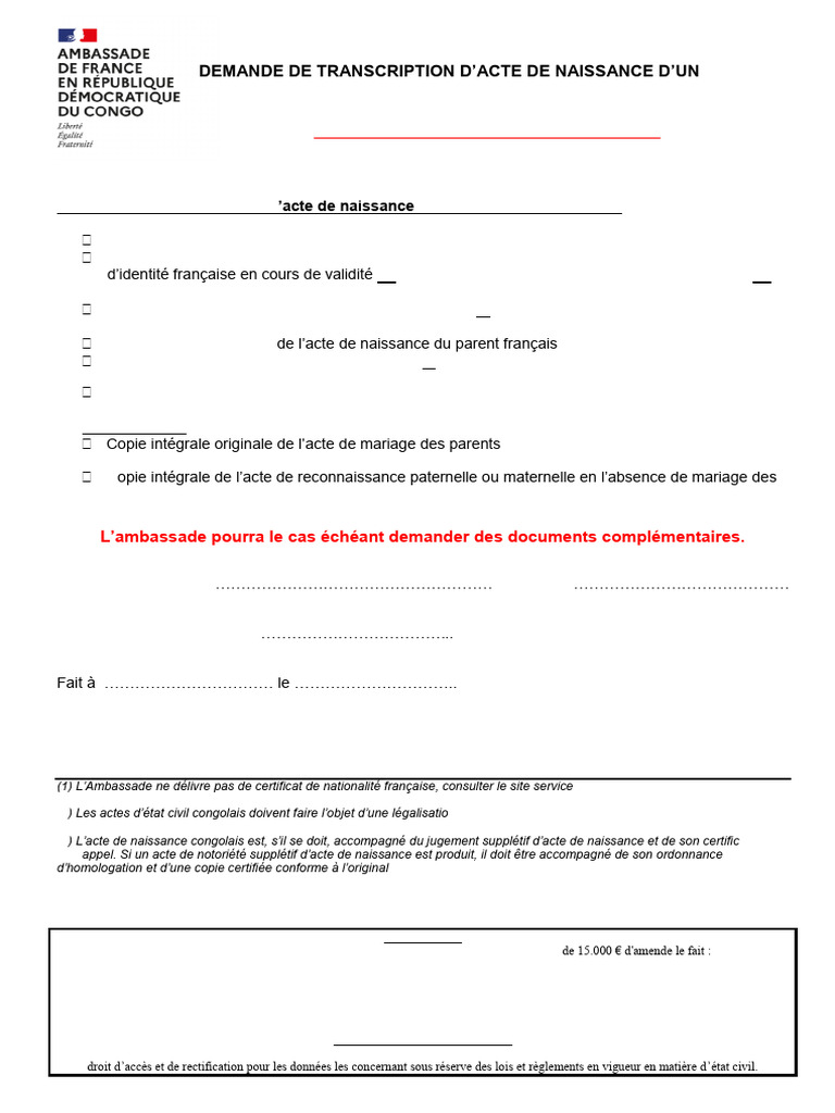 Demande de transcription acte de naissance | PDF | Certificat de ...