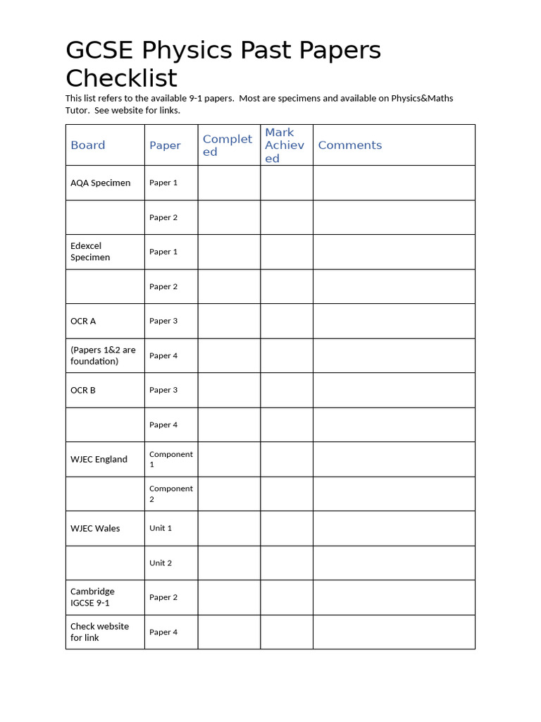 Gcse Physics Past Papers Checklist | PDF