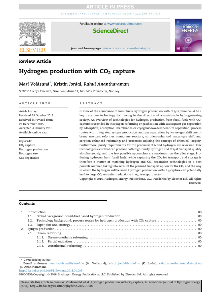 Voldsund 2016 - Hydrogen Production | PDF | Adsorption | Gasification