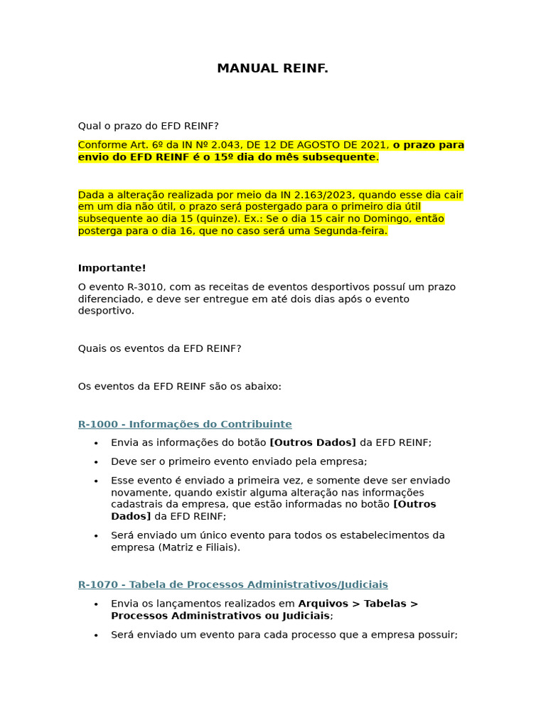 Prazo e Eventos da EFD REINF | PDF | Impostos | Contabilidade