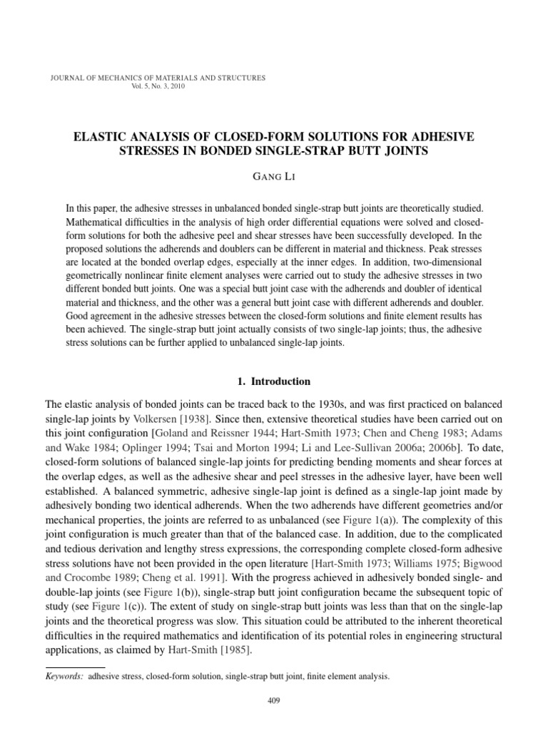 Elastic analysis solutions for bonded joints | PDF | Stress (Mechanics ...