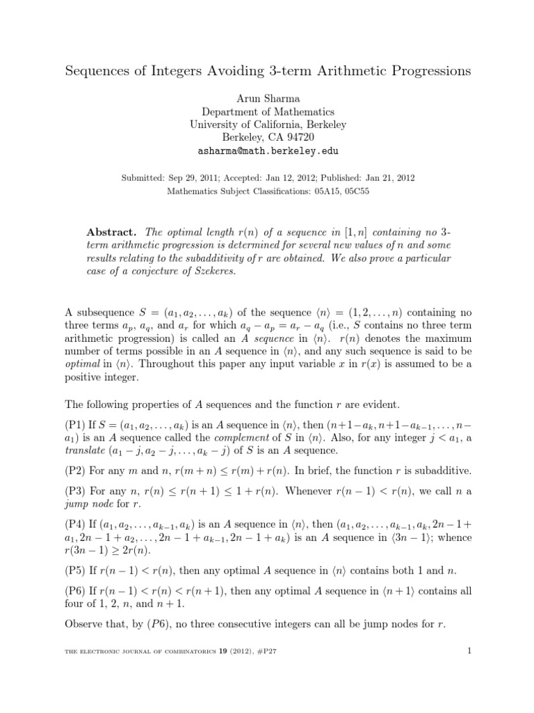 Integer Sequences Avoiding 3-Term Progressions | PDF | Theorem ...