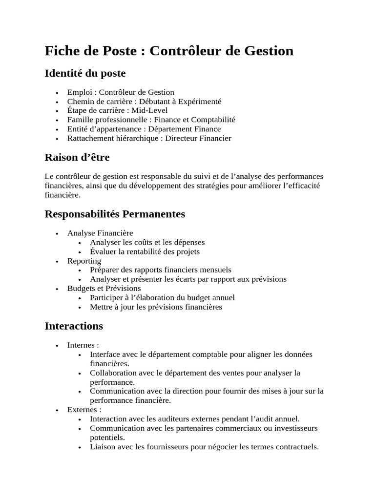 Fiche de Poste : Contrôleur de Gestion | PDF | Comptabilité | Business