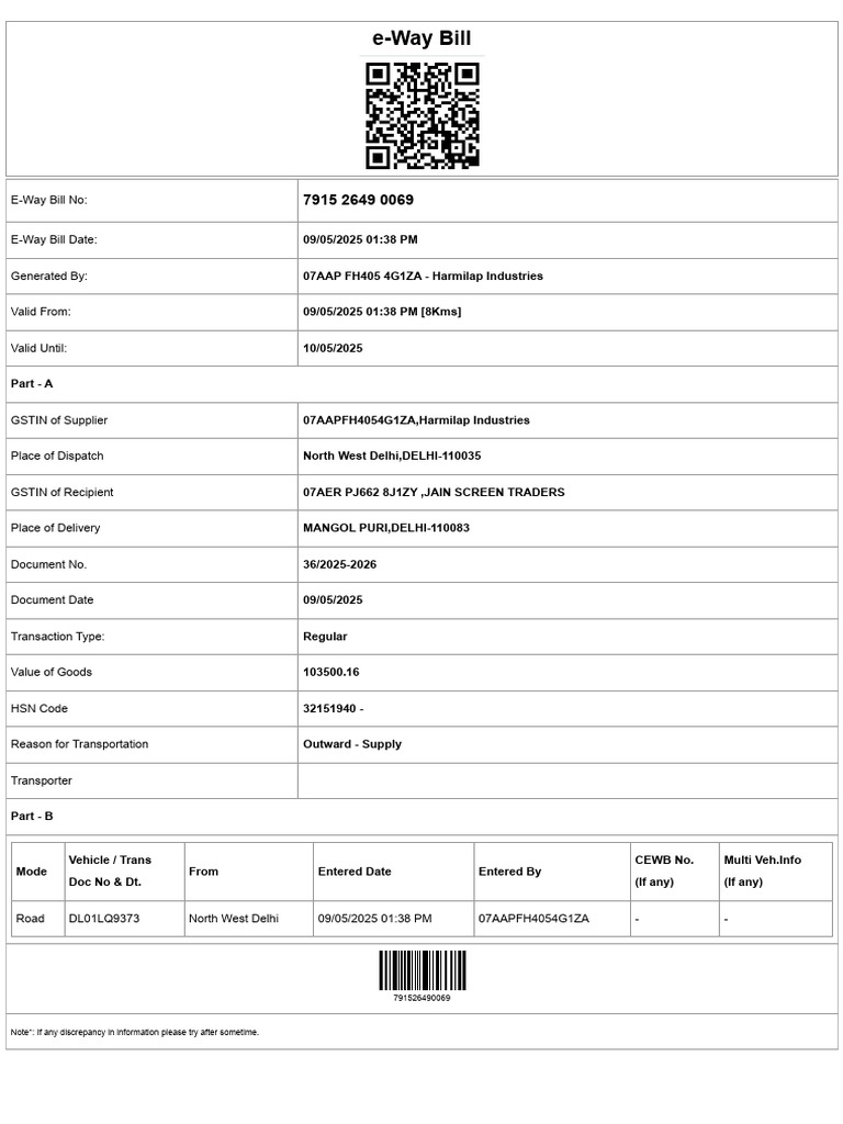 E-Way Bill Details for Harmilap Industries | PDF