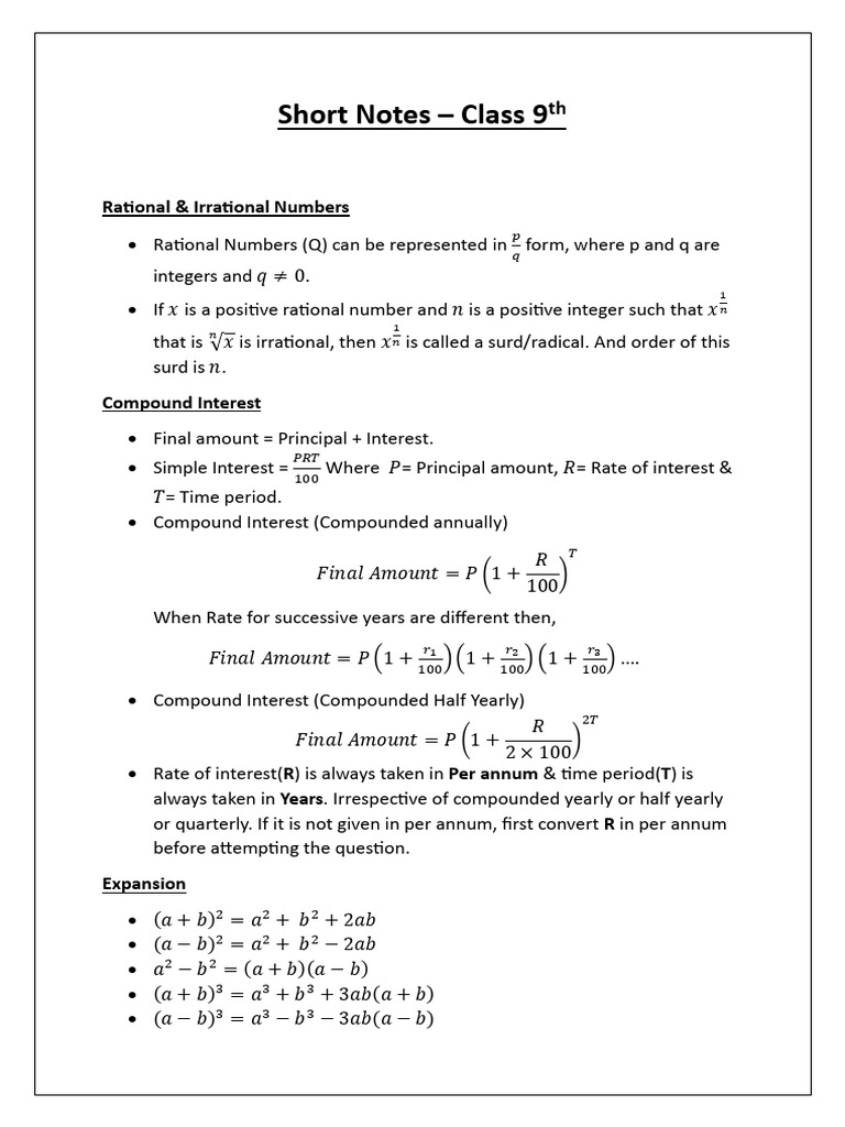 Class 9 Rational Numbers & Interest Notes | PDF | Arithmetic ...