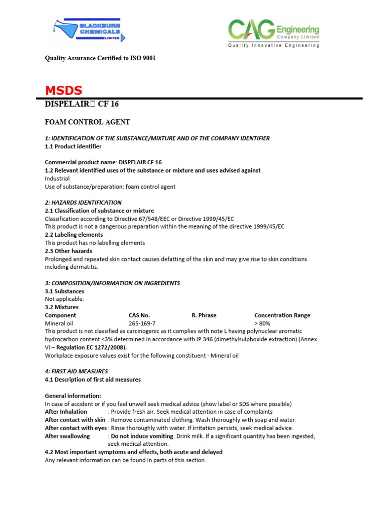 MSDS for DISPELAIR CF 16 | PDF | Toxicity | Chemical Substances