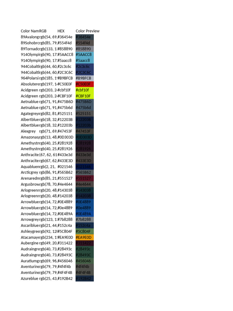 Color Names and RGB Values List | PDF | Chess | Chess Theory