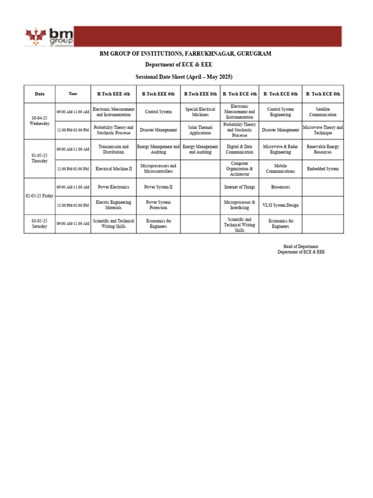 B.Tech EEE ECE Sessional Date Sheet 2025 | PDF | Electronic Engineering ...