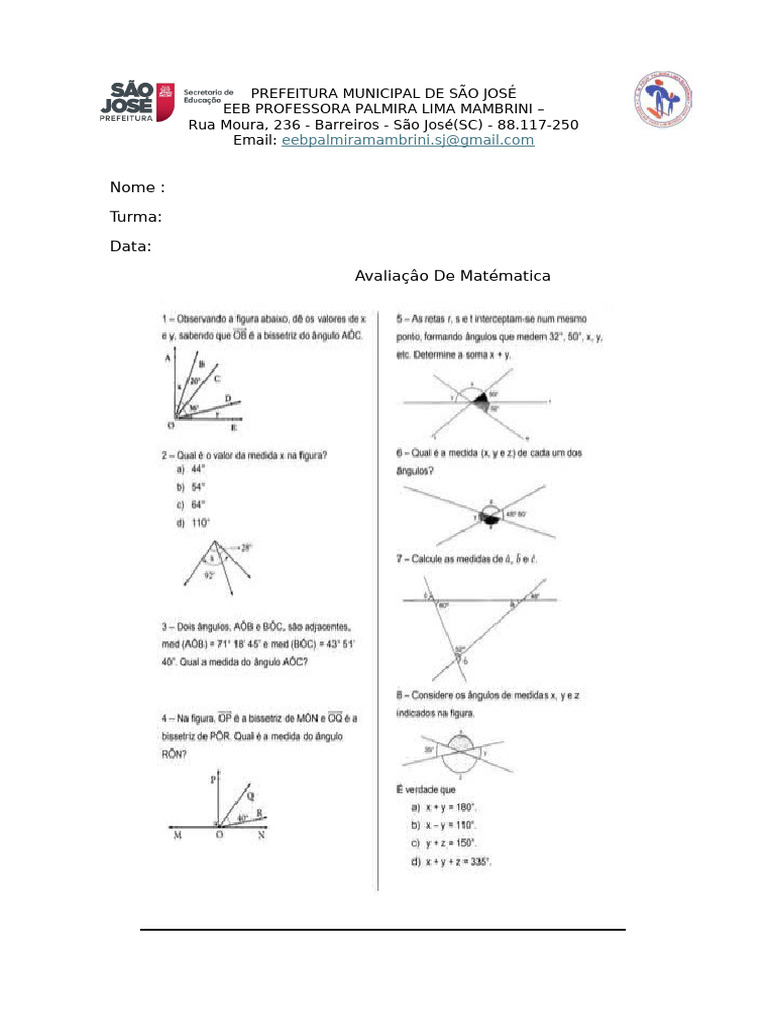 Avaliação de Matemática - EEB Palmira Lima | PDF