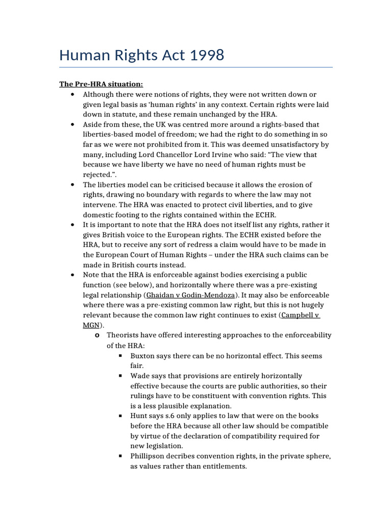 Overview of the Human Rights Act 1998 | PDF | Parliament Of The United ...